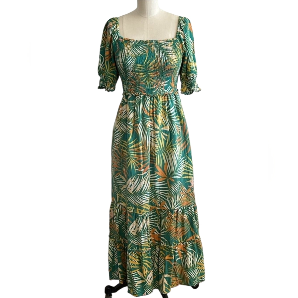 Betsey Johnson palm frond smocked. maxi dress - L.          G68